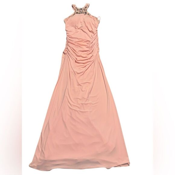 NWT CACHE pink Beaded Women's Ruched Racerback Sleeveless Maxi Evening Dress - Picture 3 of 10